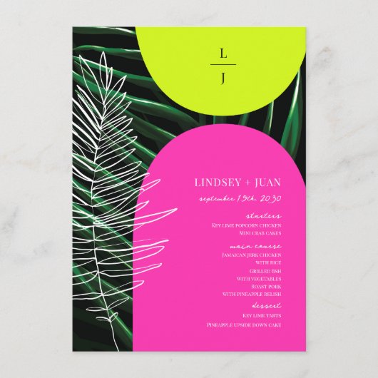 熱帯ネオンアーチズパームリーフモノグラム結婚ズ メニュー (正面)