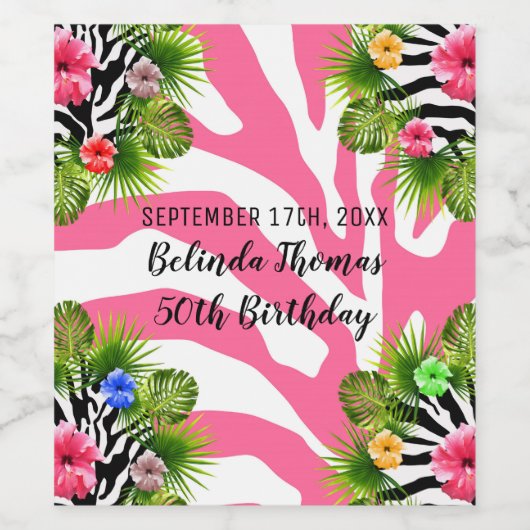 熱帯ハイビスカスとエキゾチックなピンクのゼブラ縞模様 ワインラベル (シングルラベル)