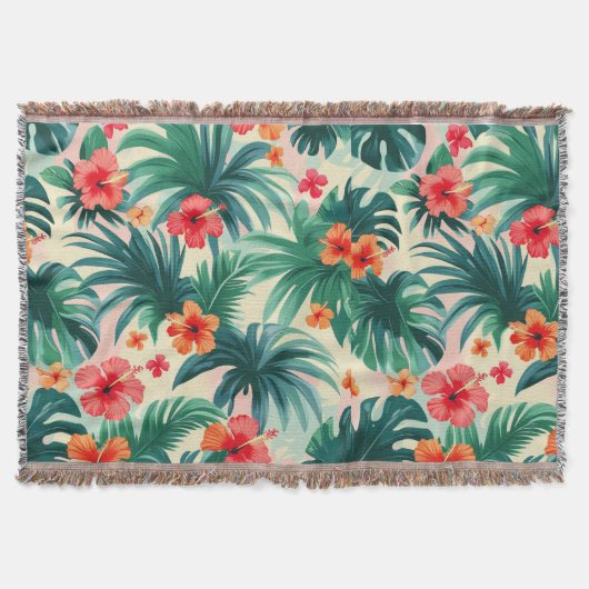 熱帯ハイビスカスとパーム離れのパターン スローブランケット (正面)