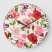 熱帯ハイビスカスとプルメリア花パターン ラージ壁時計 (正面)