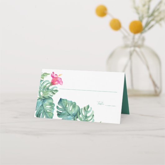 熱帯ハイビスカスと水の色の緑結婚色 プレイスカード (正面)