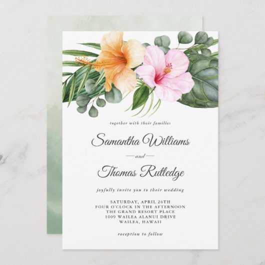 熱帯ハイビスカスと葉水の色フローラ 招待状 (正面/裏面)