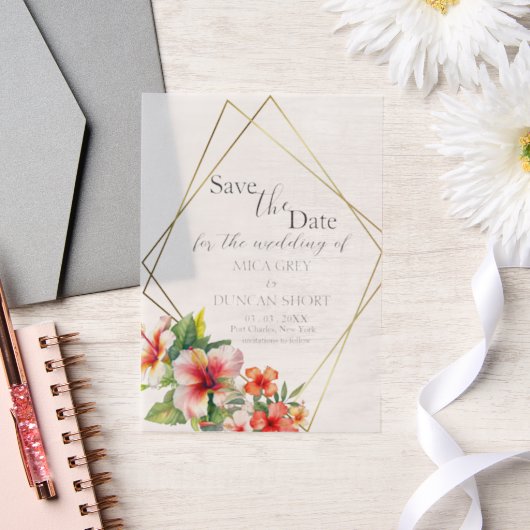熱帯ハイビスカスの結婚式が日付を保存 ベラム紙招待状 (ウェディング)
