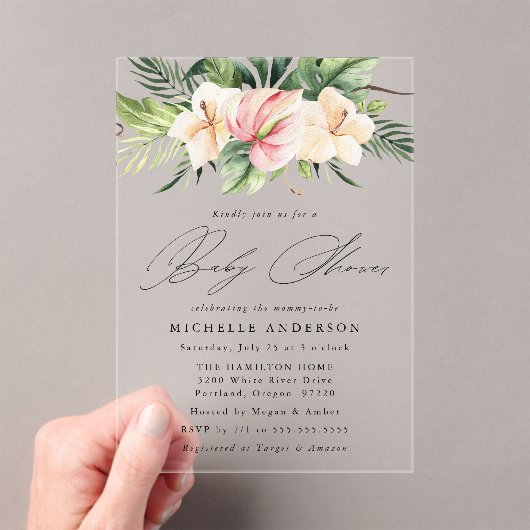 熱帯ハイビスカスの花と葉の赤ちゃんシャワー アクリル招待状 (インサイチュ (ポータブル))