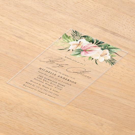 熱帯ハイビスカスの花と葉の赤ちゃんシャワー アクリル招待状 (レイダウン)