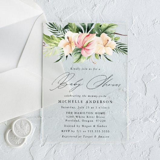 熱帯ハイビスカスの花と葉の赤ちゃんシャワー アクリル招待状