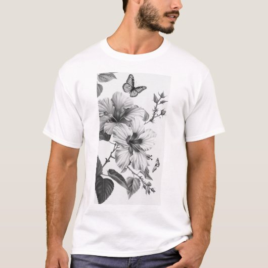 熱帯ハイビスカスの花と蝶Tシャツ Tシャツ (正面)