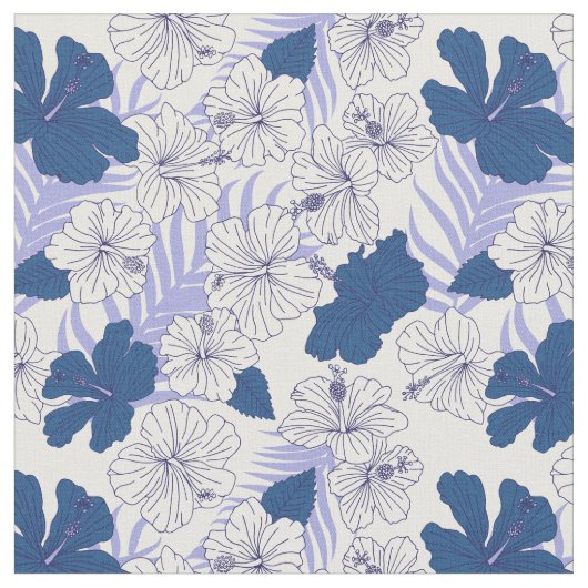 熱帯ハイビスカスの花の模様（青と白） ファブリック (クローズアップ)