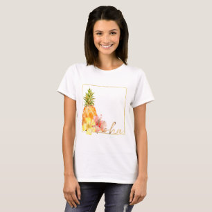 熱帯ハイビスカスの花柄のパイナップル Tシャツ