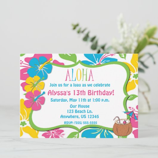 熱帯ハイビスカスの誕生日かシャワーの招待状 招待状 (スタンド正面)