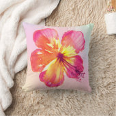 熱帯ハイビスカスオンピンクイエローアクアグラデーションフローラ クッション (ブランケット)