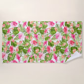 熱帯ハイビスカスパームモンステラ模様 ビーチタオル (正面)