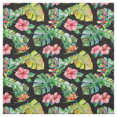 熱帯ハイビスカスパーム葉の黒の模様 ファブリック (見本)