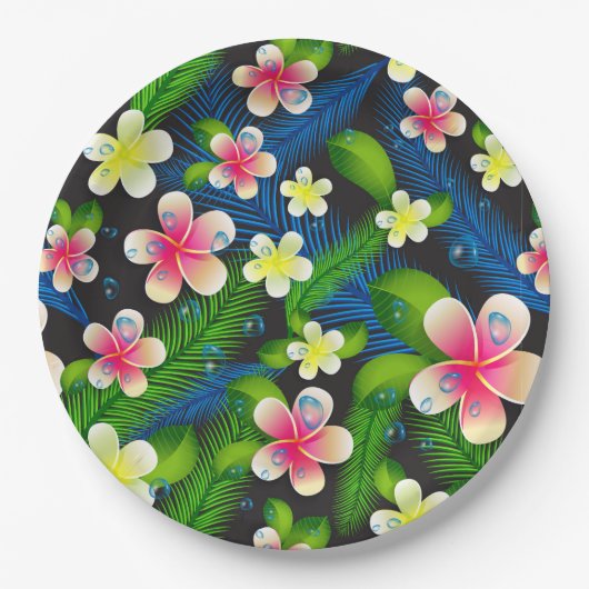 熱帯ハイビスカスピンクと黄色の紙プレート ペーパープレート (正面)