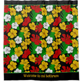 熱帯ハイビスカスフラワーパターン（の模様が）あるブラック シャワーカーテン