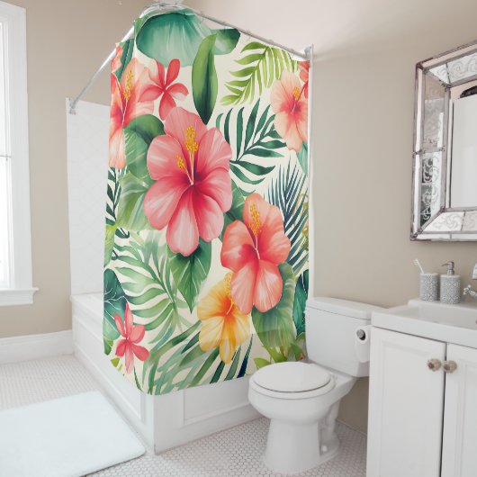 熱帯ハイビスカスフラワーパターン シャワーカーテン (インサイチュ)