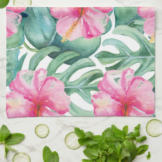 熱帯ハイビスカスフラワーモンステラ模様 キッチンタオル (折り畳み)