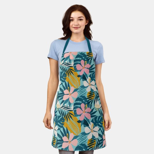熱帯ハイビスカスフローラルパターン エプロン (着用した状態)