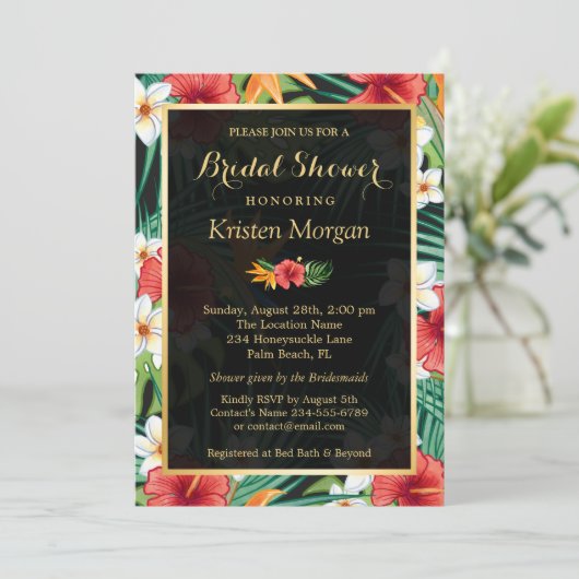熱帯ハイビスカスフローラ金ゴールドフレームブライダルシャワー 招待状 (スタンド正面)