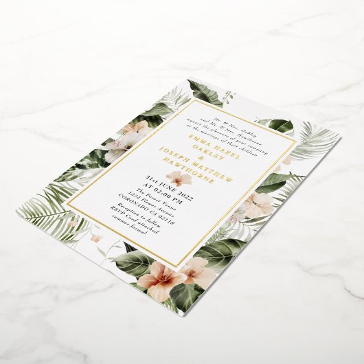 熱帯ハイビスカスボホ結婚フローラ 箔招待状 (回転した状態)