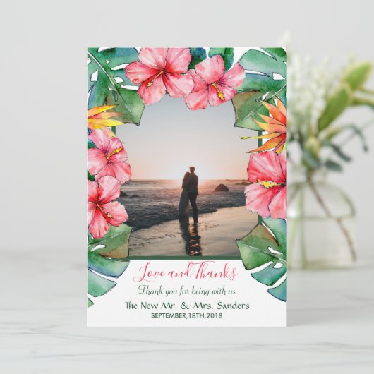 熱帯ハイビスカス結婚フォトサンキューカード サンキューカード (スタンド正面)