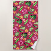 熱帯ハイビスカス花の柄の夏のビーチ ビーチタオル (正面)