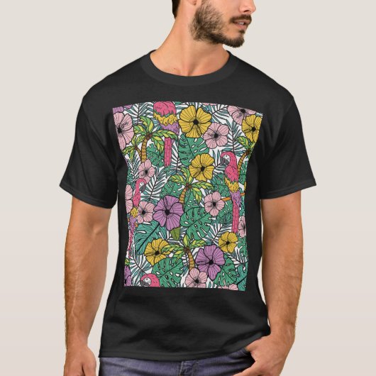 熱帯ハイビスカス、ヤシ、オウム模様。 Tシャツ (正面)