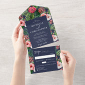 熱帯ハイビモダンス結婚のネイビーブルー オールインワン招待状 (貼ってはがせる)