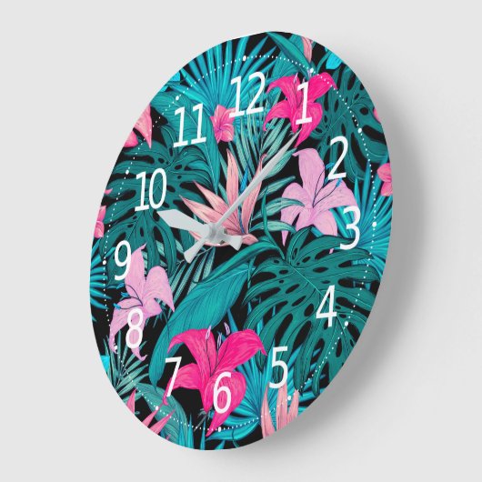 熱帯ハエレガントイビスカス花と葉| ラージ壁時計 (傾斜)
