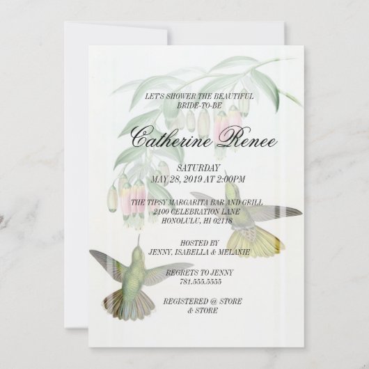 熱帯ハミングバードフローラブライダルカップルのシャワー 招待状 (裏面)