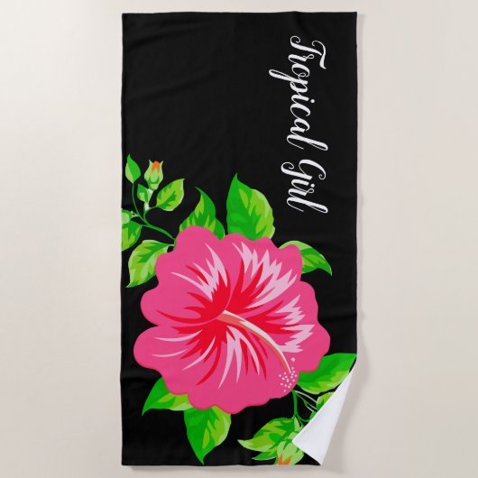 熱帯ハワイのスタイルのハイビスカス ビーチタオル (正面)