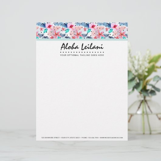 熱帯ハワイのハイビスカス及びシュロの葉の水彩画 レターヘッド (スタンド正面)