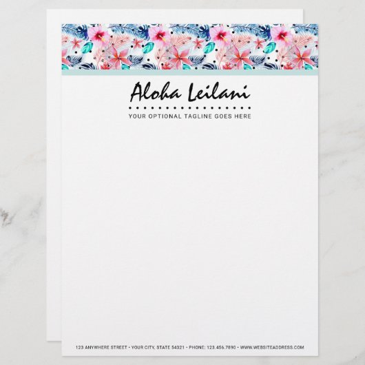 熱帯ハワイのハイビスカス及びシュロの葉の水彩画 レターヘッド (正面/裏面)