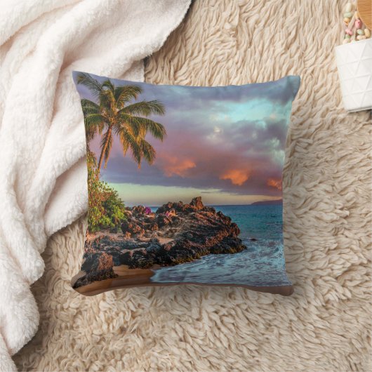 熱帯ハワイのヤシの木の砂浜の楽園 クッション (ブランケット)