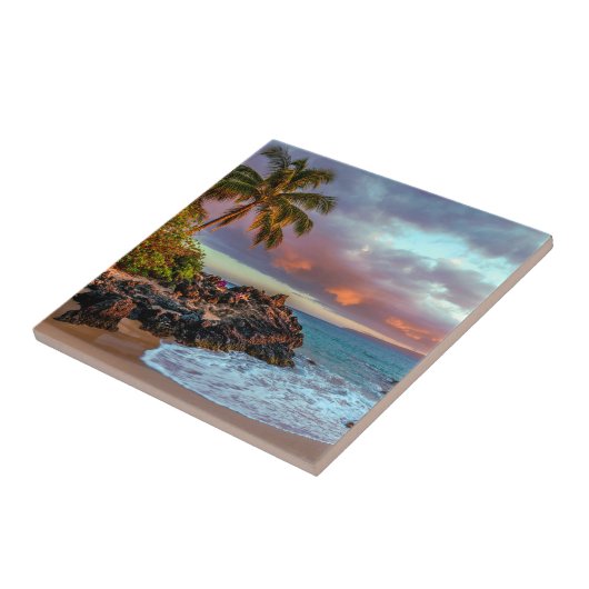 熱帯ハワイのヤシの木の砂浜の楽園 タイル (側面)