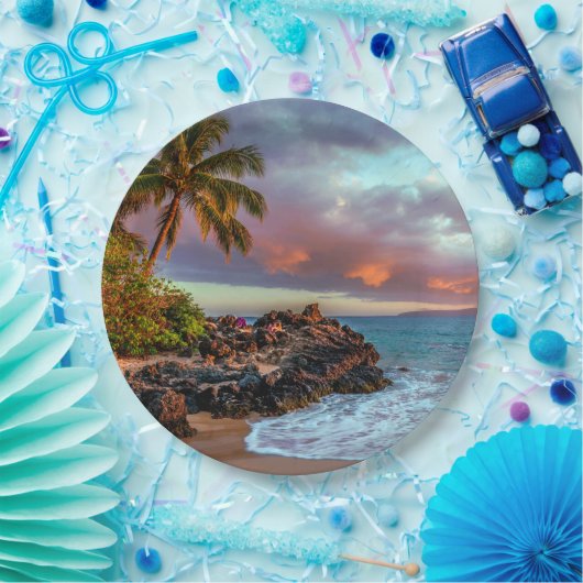 熱帯ハワイのヤシの木の砂浜の楽園 ペーパープレート (パーティー)