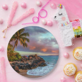 熱帯ハワイのヤシの木の砂浜の楽園 ペーパープレート (パーティー)