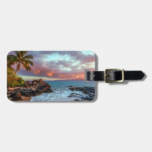 熱帯ハワイのヤシの木の砂浜の楽園 ラゲッジタグ (正面横)