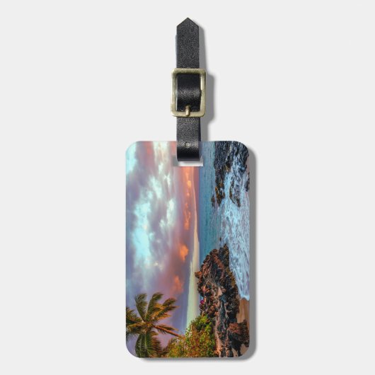 熱帯ハワイのヤシの木の砂浜の楽園 ラゲッジタグ (正面縦)