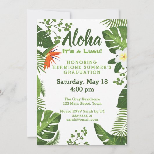 熱帯ハワイのルアウ（ハワイ式宴会）の卒業パーティーの招待 招待状 (正面)