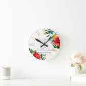 熱帯ハワイアンの花が白エレガント色 ラウンド壁時計 (ホーム)
