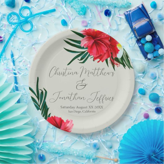 熱帯ハワイアンの花エレガント付け緑 ペーパープレート (パーティー)