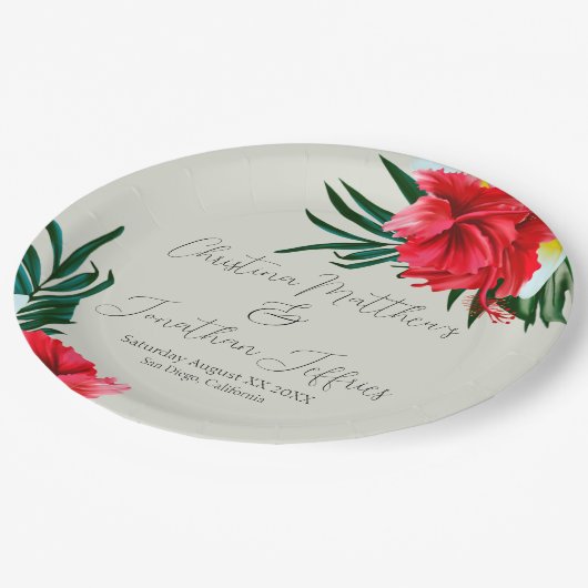 熱帯ハワイアンの花エレガント付け緑 ペーパープレート (アングル)