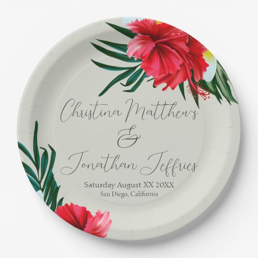 熱帯ハワイアンの花エレガント付け緑 ペーパープレート (正面)