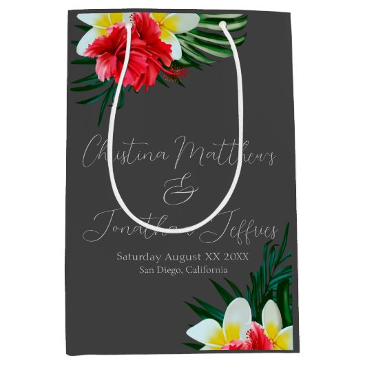 熱帯ハワイアンの花オンエレガントグレー ミディアムペーパーバッグ (正面)