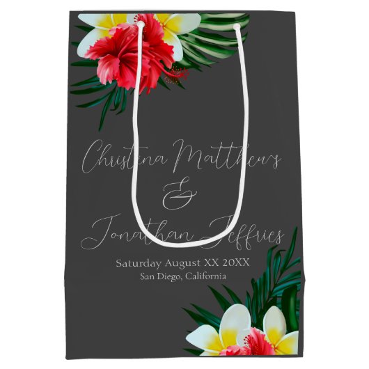 熱帯ハワイアンの花オンエレガントグレー ミディアムペーパーバッグ (裏面)