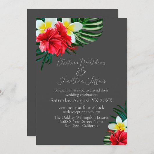 熱帯ハワイアンの花オンエレガントグレー 招待状 (正面/裏面)