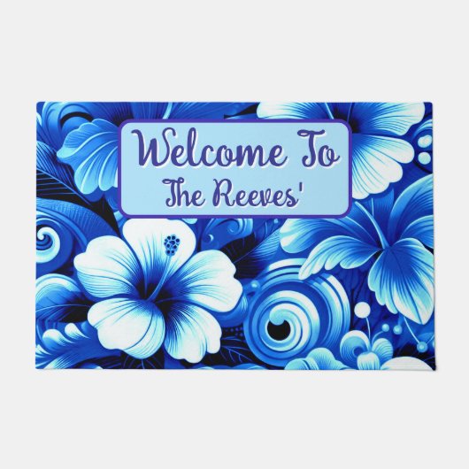 熱帯ハワイアンの花ハイビスカスパーソナライズされた ドアマット (正面)