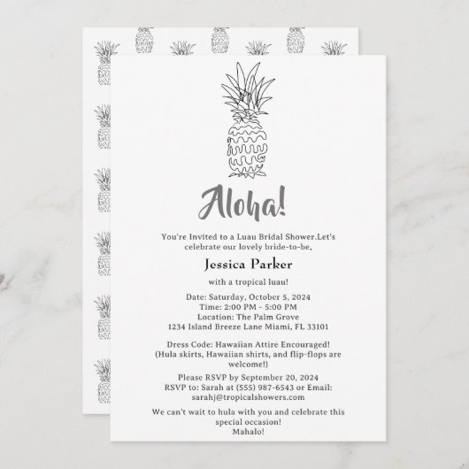 熱帯ハワイアンをテーマにしたルアウ（ハワイ式宴会）ブライダルシャワー 招待状 (正面/裏面)