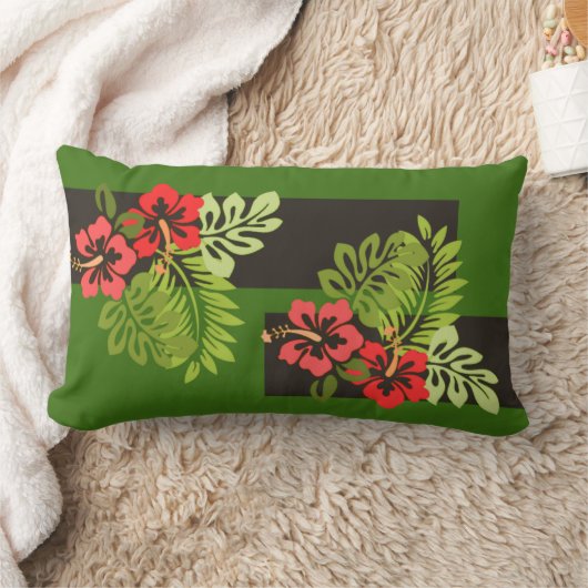 熱帯ハワイアンハイビスカスフラワーカラフルズストライプ ランバークッション (ブランケット)